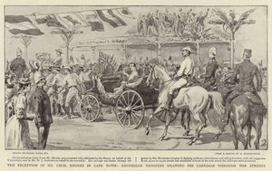 La réception de M. Cecil Rhodes au Cap, les cavaliers rhodésiens tirant son carrosse dans les rues